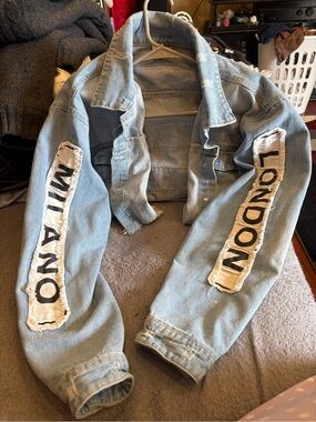 American Bazi Light Blue Denim Jacket with 'London' and 'Milano' Sleeve Patches